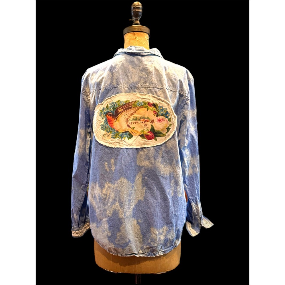 Upcycled Chambray‎ Shirt Bird Patch Cottagecore XL Cotton